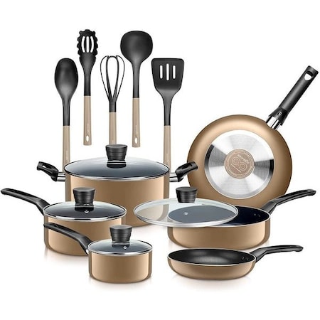 Serenelife Kitchenware Pots & Pans Set - Basic Kitchen Cookware, Black Non-Stick Coating Inside, Heat Resistant SLCW15GLD